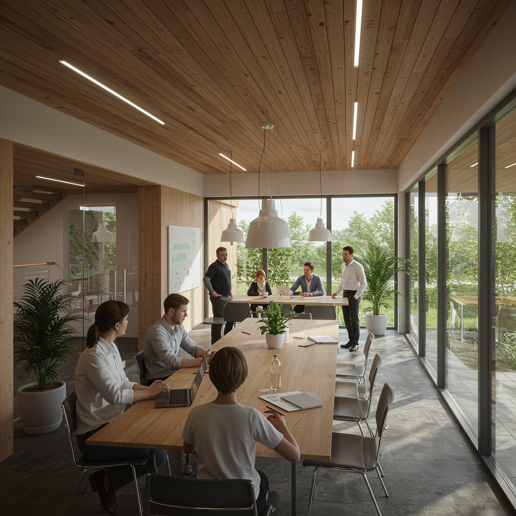 "Visualización arquitectónica moderna de un espacio colaborativo diseñado por Ilunium Group, donde profesionales y familias interactúan en un ambiente iluminado y lleno de plantas."
